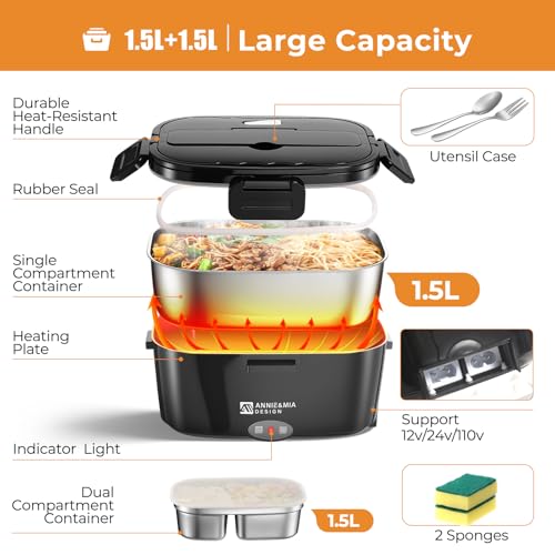 Black 1.5L Dual Container Electric Lunch Box for Car, Office & Travel