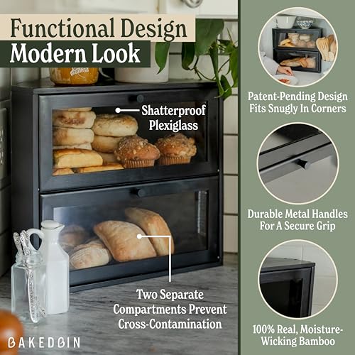 Black Corner Double-Layer Bread Box - Extra Large Bamboo Storage