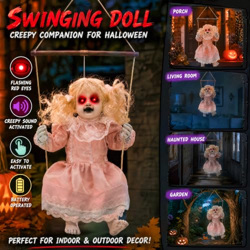 Pink Halloween Animatronic Hanging Girl Doll with Lighted Eyes & Creepy Sounds - Outdoor Indoor Decor