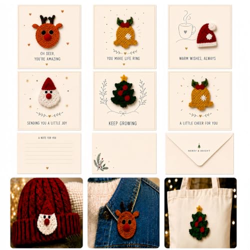 6 Pcs Christmas Greeting Cards with Removable Crochet Appliques - Holiday Seasonal Notes