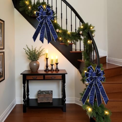 YKW Large Navy Blue Velvet Christmas Bow 20.87" x 11.42" with Silver Edge - Premium Winter Holiday Wreath Bow for Front Door, Tree Topper, Elegant Xmas Decorations