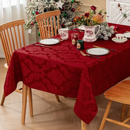 Romanstile Red Christmas Jacquard Tablecloth 60x144 Inch Waterproof Floral Decor