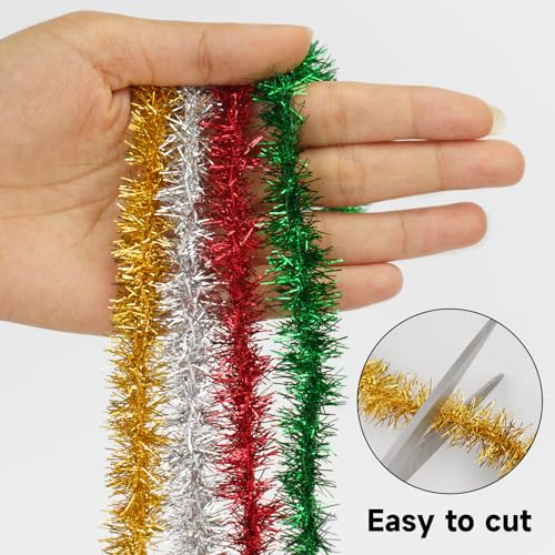 KINGLAKE Glitter Christmas Tinsel Garland - 4 Rolls 60 FT Christmas Tree Tinsel Garland Xmas Red Green Gold Silver Mini Tree Glitter Garland for Mini Tree Craft Gift