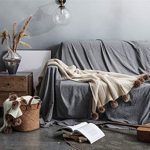 51x63 Inch Knit Throw Blanket with Pom Poms - Super Soft Warm Cozy Couch & Sofa Accessory Beige Apricot - VCTOPS