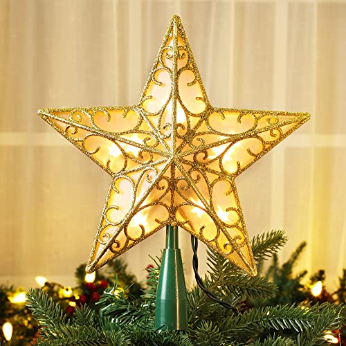 ODEETRONIC Gold 3D Double-Sided Christmas Star Tree Topper Lights 9.5in with Warm White Incandescent LEDs, UL Certified - Seasonal Holiday Decor