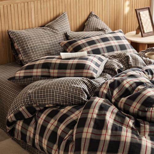 EAVD Vintage Buffalo Plaid Duvet Cover Queen - Black, Red & Green, 3-Piece Set, Reversible