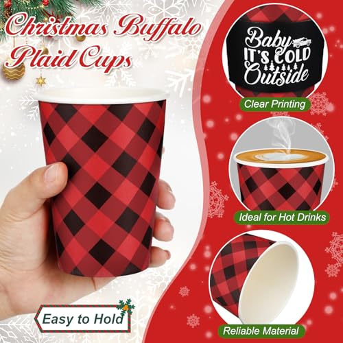 Layhit 24 Pack Christmas Buffalo Plaid 12oz Coffee Cups with Lids & Sleeves Black Red