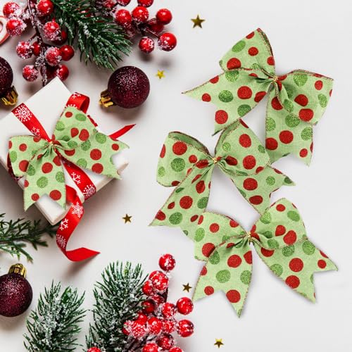 DIYDEC 12pcs Christmas Bows Ornaments 6.3 Inch Large Christmas Wreath Bows Red Green Xmas Tree Bow Glitter Dot Bows Ribbons Decoration for Garland Wedding Home Holiday Party