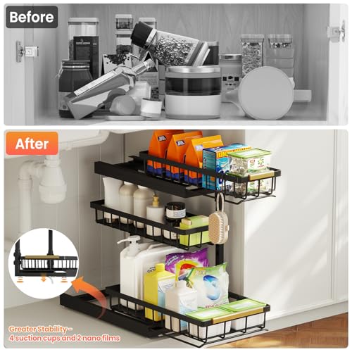 Under Sink Organizer 2 Pack - 3 Tier Adjustable Bathroom & Kitchen Storage - Black
