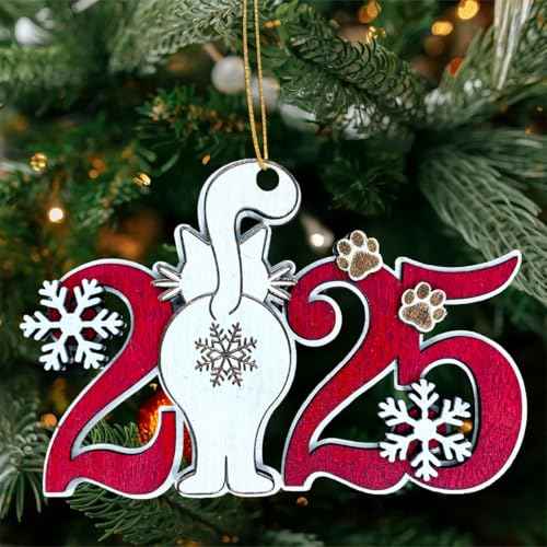 Cat 2025 Christmas Ornament ? Cute Wooden Kitten Tree Decoration with Snowflakes & Paw Prints for Cat Lovers, Pet Owner Christmas D?cor