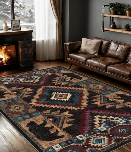 Bear 5x7 Washable Rustic Cabin Area Rug - Non Slip, Pet Friendly, Low Pile