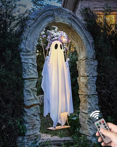 MERKYO 5-13FT Adjustable Hanging Ghost Halloween Decor with Lights for Outdoor Yard & Porch