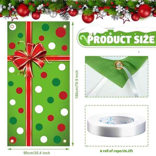 Christmas Door Cover Xmas Gift Box Door Hanging Banner Merry Christmas Front Doors Cover Backdrop Decorations for Holiday Indoor Outside Party Supplies, 70.9 x 35.4 Inch(Green Polka Dots)