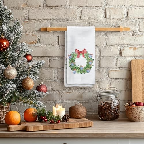 White Chinoiserie Christmas Kitchen Towels 16x24in - Coquette Red Bow Wreath Hand Towels
