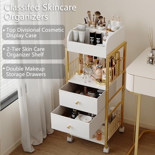 Makeup Organizer Storage Cart with Drawers - Gold, Large Capacity & Rotating Casters
