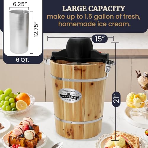 Elite Gourmet 6Qt Old Fashioned Wooden Bucket Ice Cream Maker - Hand Crank & Electric