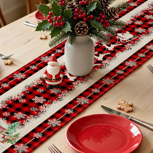 Cusugbaso Red Plaid Truck Christmas Table Runner 13x72 in