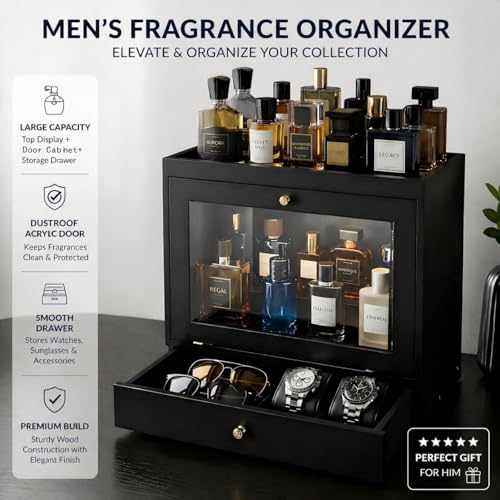 Large Capacity Wooden Cologne Organizer with Dustproof Acrylic Door and Drawer for Men