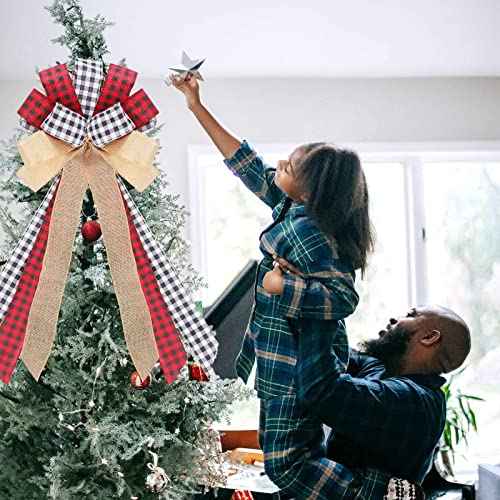 Christmas Tree Topper Buffalo Plaid Decorative Bow,Handmade Farmhouse Large Door Bows Banister Bow Christmas Bows for Holiday Home Decor