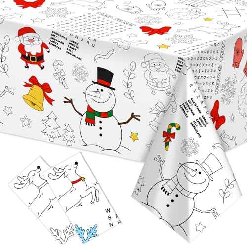 Labeol Christmas Tablecloth, 108"x 54" Christmas Coloring Tablecloth for Kids, Santa Claus Snowman Reindeer Maze Color-in Paper Table Cover for Winter Party Arts and Crafts (2pcs)