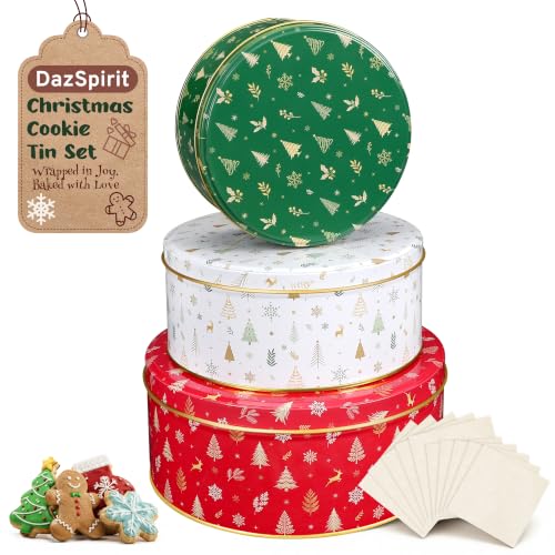 3 Pack Christmas Cookie Tins with Lids - Nesting Metal Storage Containers with Parchment Sheets