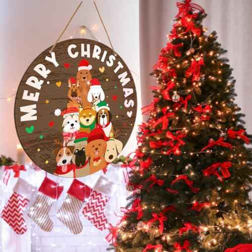 Merry Christmas Dog Sign Decor, Christmas Sign for Front Door Porch Home Xmas Holiday Hanging Sign Decorations Farmhouse Paw Tree Dog Owner Christmas Wooden Wall Sign