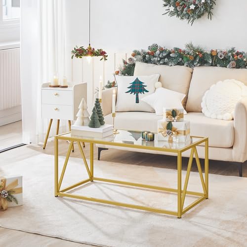 HOOBRO Gold Glass Coffee Table - Modern 1-Layer Center Table for Living Room & Office