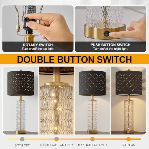 Set of 2 Gold and Black Bedside Table Lamps with Nightlight & USB Charging Ports - 27.75"
