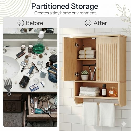 Narrow Bathroom Wall Cabinet with Towel Rack - Farmhouse Fluted Style, Natural, 15.7"L x 7.9"W x 22.4"H