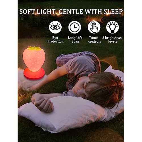 Strawberry Night Light, Cute Silicone Strawberry Lights Kawaii Room Decor, USB Rechargeable Bedside Lamp 3 Gear Touch Lighting, Cute Strawberry Gifts for Baby, Children, Toddlers, Teen Girls