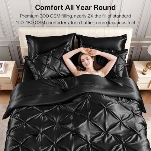 MR&HM Satin Queen Comforter Set Black 7-Piece Bed in a Bag - Pinch Pleat Luxury