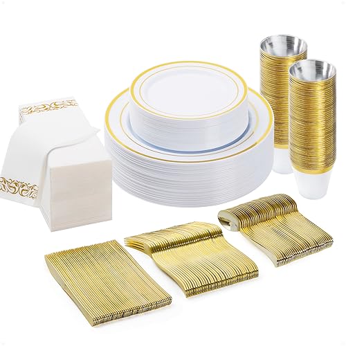 BESTVIP 175 PCS Gold Rim Disposable Plates Dinnerware Set for 25 Guests (Gold / 25 Guests)