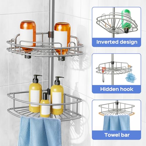 HAMITOR Silver Gray 4-Tier Corner Shower Caddy Tension Pole Organizer