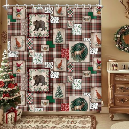 Wathon Christmas Plaid Shower Curtain with Woodland Lodge Cabin Design, 70x70 inches
