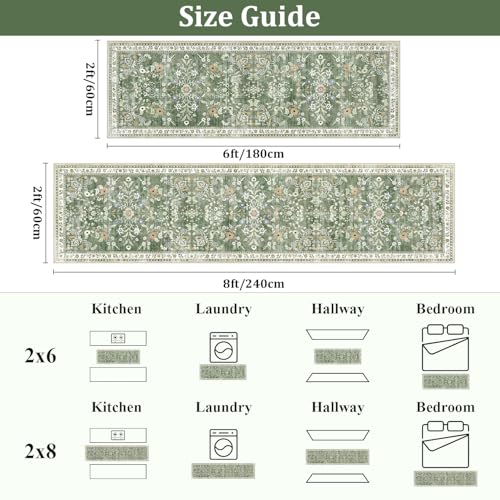 Sage Green Washable Hallway Runner Rug 2x12 Floral Non-Slip Carpet