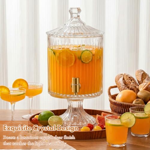 2.2 Gallon Clear Crystal Ribbed Glass Drink Dispenser with Stand & Gold Spigot