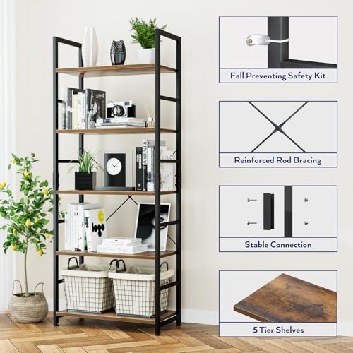 NUMENN Vintage 5-Tier Freestanding Bookshelf Tall Open Storage Bookcase