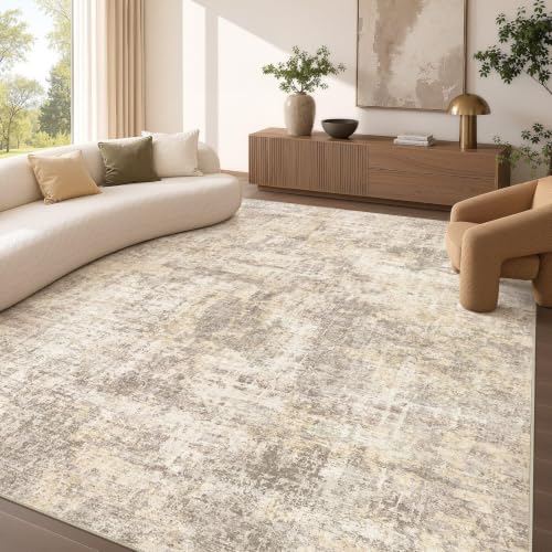 Cotiled Beige 9x12 Area Rug - Washable Soft Abstract Living Room Carpet