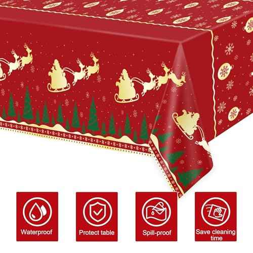 Christmas Tablecloth,2 Pack Disposable Plastic Tablecloths for Rectangle Tables 54"x108",Christmas Decorations,Red Reindeer Table Cloths for Home,Dinner,Xmas Table Cover for Outdoor,Picnic,Birthday