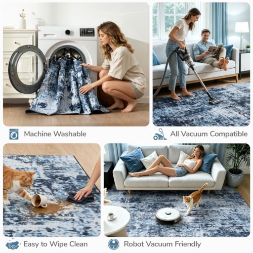 Dark Blue 9x12 Washable Abstract Area Rug for Living Room & Home Decor