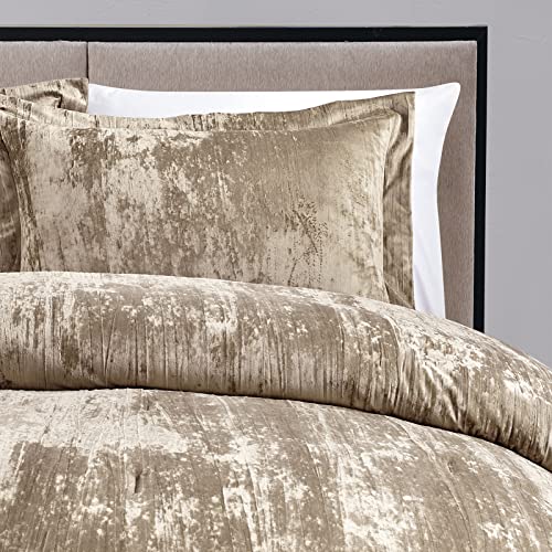 Fredsure Khaki King Comforter Set - 3 Pieces Crinkle Velvet & Microfiber, Light Fill