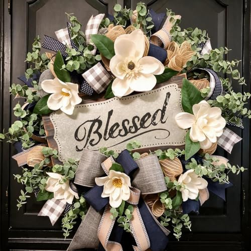 Farmhouse White Floral Wreath for Front Door & Porch Décor, 22in Spring Summer Decor