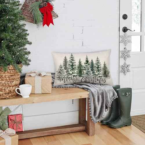 AKIT Merry Christmas Pillow Covers 12 x 20 Inch Trees Throw Pillow Cover Decorative Rectangle Pillow Cover Winter Holiday Cushion Case for Couch Bed Sofa