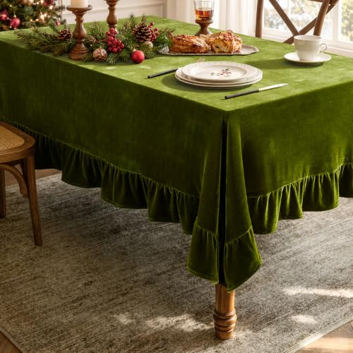 MIULEE Olive Green Velvet Ruffle Tablecloth 60x120 Inch for Holiday & Wedding