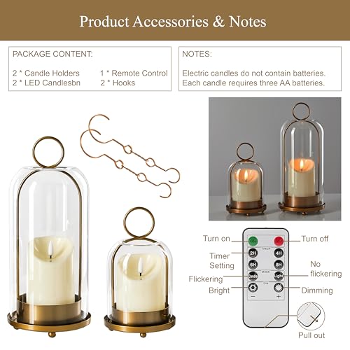 Vintage Brass Candle Holder Set with Glass Dome & Timer Candles - Ganwu