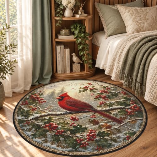 OneNewwish Multi Color Cardinal Bird Round Rug 3.3ft Washable Non Slip Bedroom Living Room Entryway Decor