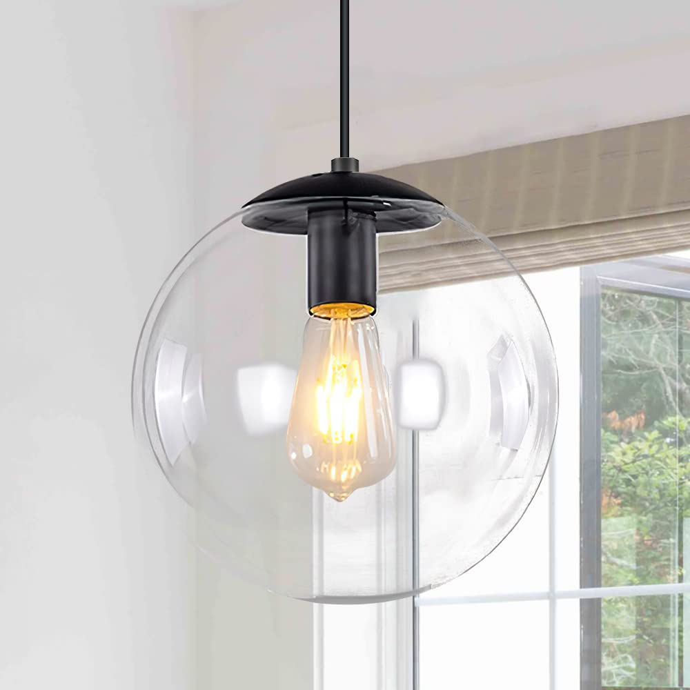 KoKo&Yukina 8 inch Globe Pendant Lighting for Kitchen Island Mid Century Modern Hanging Light Fixture with Clear Globe Glass Black Industrial Hanging Ceiling Lights for Bathroom Entryway (Bulb Incl.)
