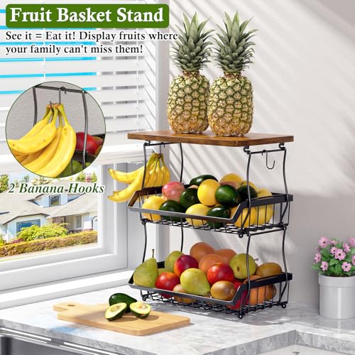 OKZEST 3-Tier Under-Cabinet Fruit Basket with Wood Top, Black, 16.8"H