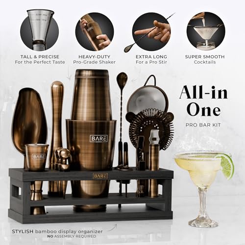 Bare Barrel Brass/Black 28oz Boston Cocktail Shaker Set | Mixology Bartender Kit with 35 Recipe Cards
