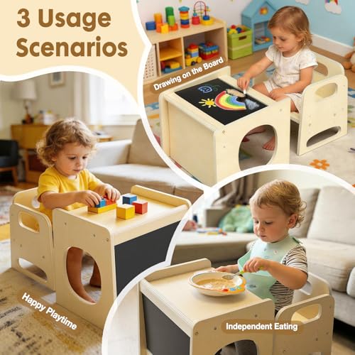 Natural Montessori Toddler Table and Chair Set with Adjustable Height - Baby Proofed Kids Learning & Eating Furniture